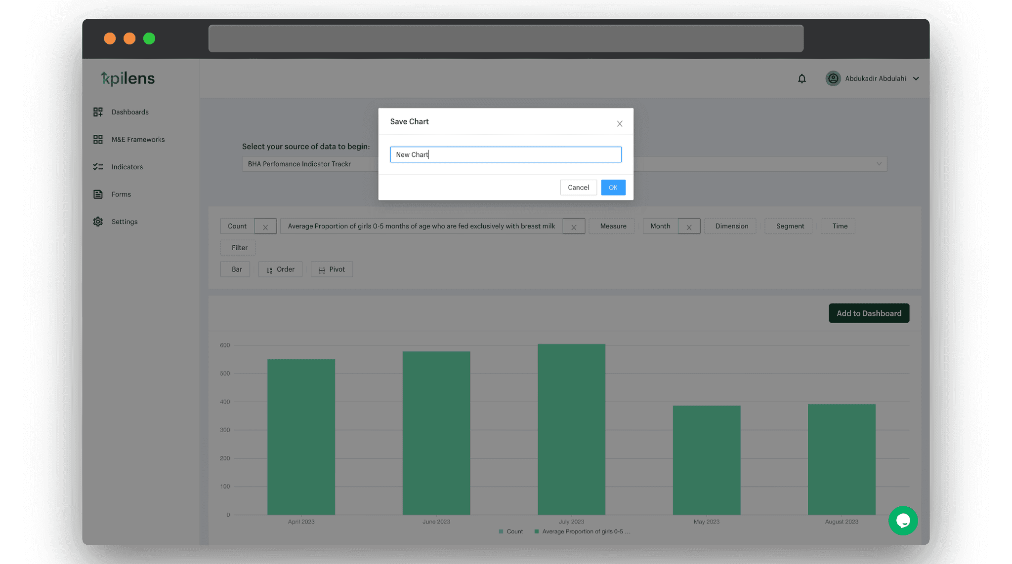 KPILens Query Builder - Add Chart To Dashboard